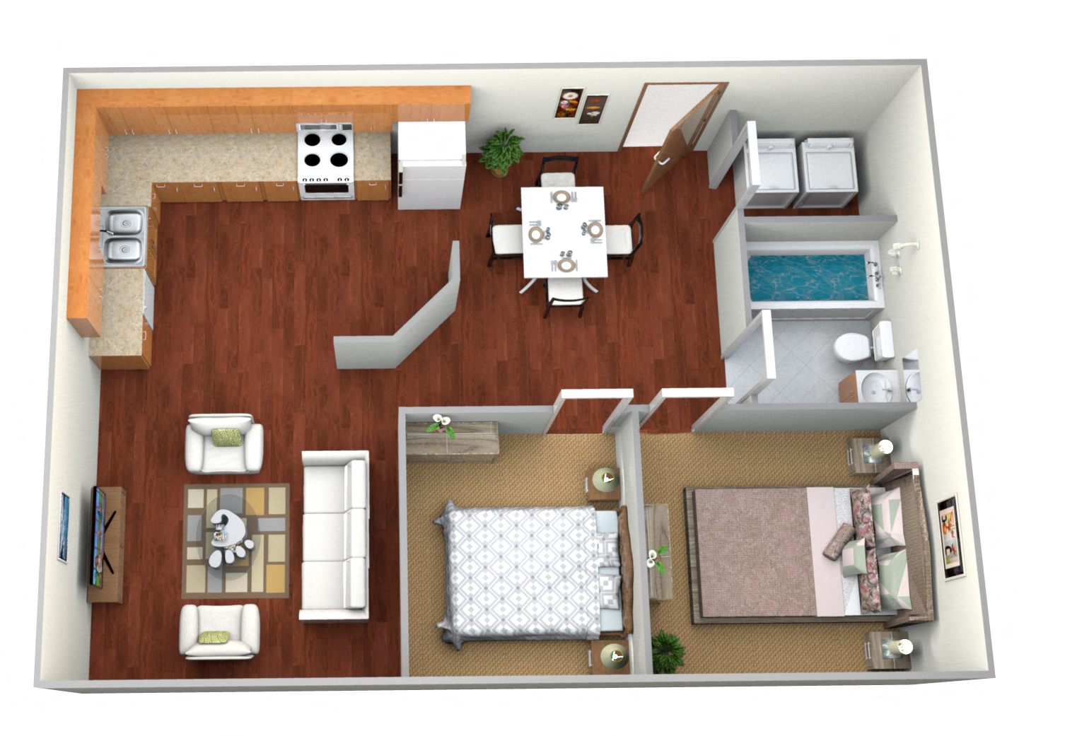 Floor plan for 2 beds, 1 bath, 950 sqft
